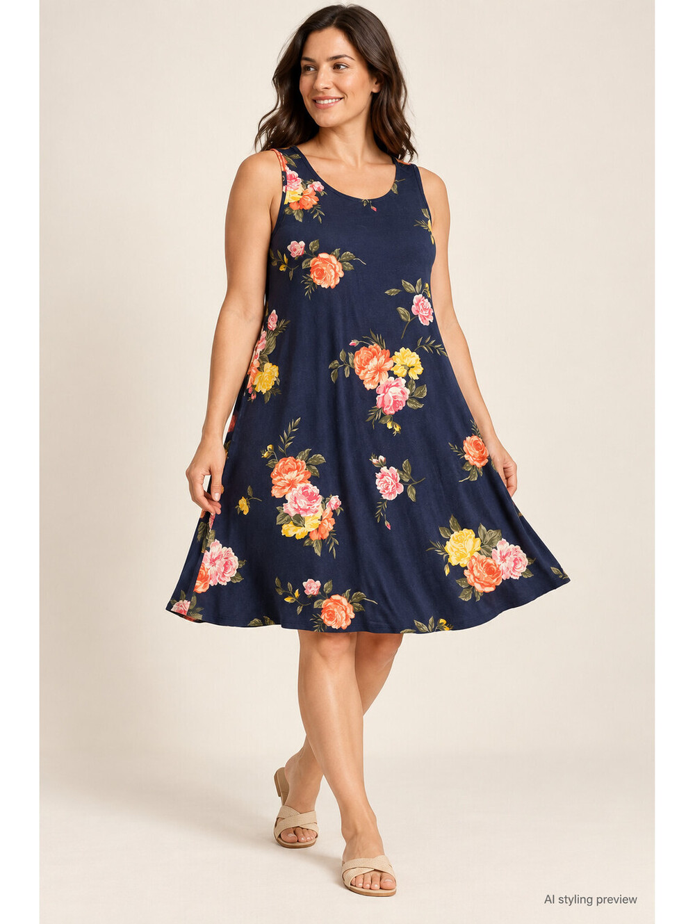 Old Navy Womens Large Navy Floral Sleeveless Swing Dress Scoop Neck Stretch Knit